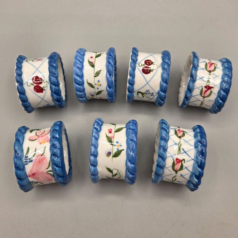 Floral Blue Ceramic Napkin Rings Enesco by Pamela Silin-Patton Set of 7 - Picture 3 of 7